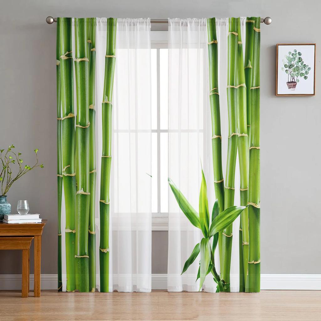 Green Bamboo Butterfly Chinese Style Tulle Sheer Curtains for Living Room Decor Window Curtain for Bedroom Voile Organza Drapes