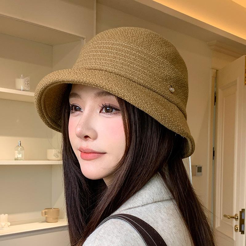 Autumn and winter new curling edge bucket hat women's casual fashion basin hat temperament elegant versatile sun hat shows small face