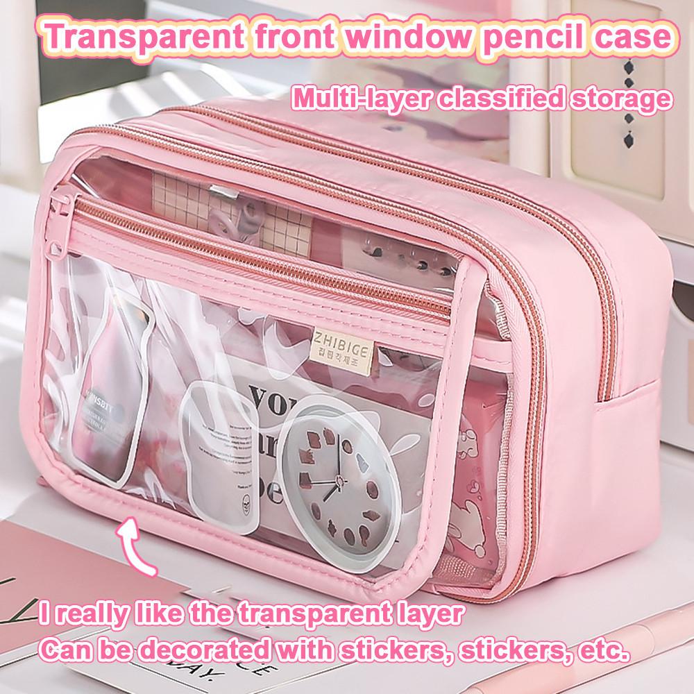 Kawaii Pencil Case  Transparent  Large Capacity  Flip Cover Simple Box For StudnetsOffice Supplies Stationery
