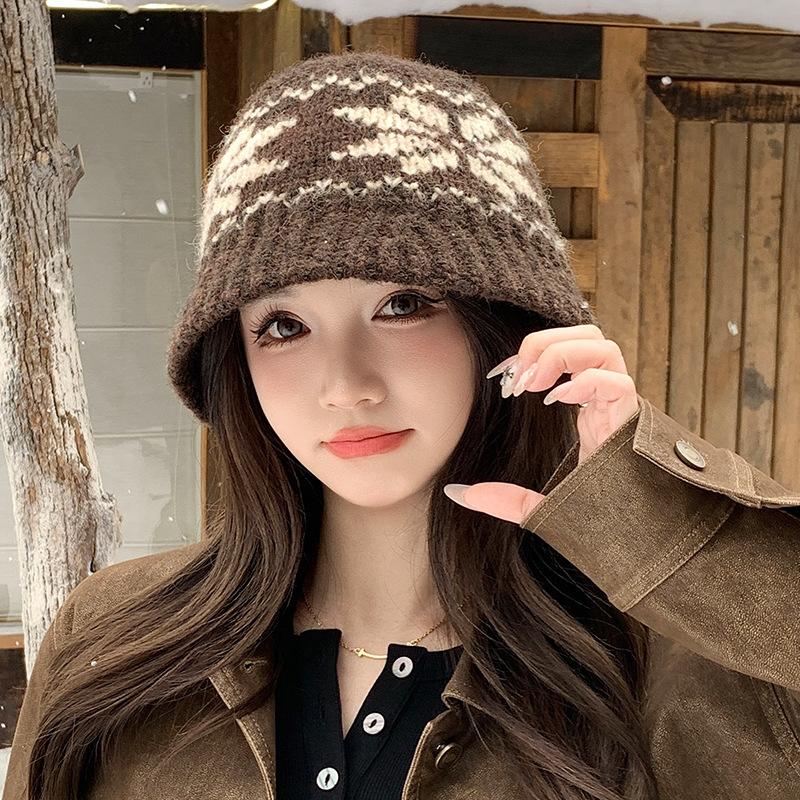 Fair Island Jacquard Knitted Bucket Hat Women's Winter Retro Ethnic Style Versatile Basin Hat Thermal Ear Protector Wool Hat