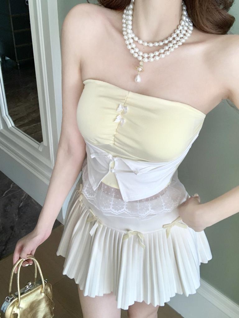#Summer new sweet and spicy lace hem splicing tube top slim and thin women's fixed top with chest pad