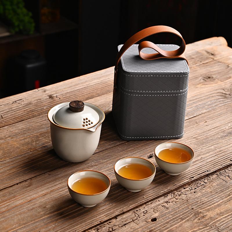 Ru Kiln Set Travel Tea Set Kuaike Cup One Pot Three Cups Storage Bag Portable Outdoor Souvenir Gifts
