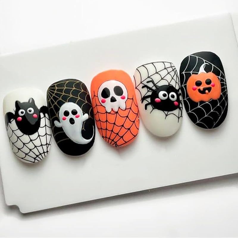24pcs Halloween Press On Nails Short Oval Bat Fake Nails with Spider Skull Pumpkin Spider Web Designs Ghost False Nail Halloween Acrylic Nail Kit
