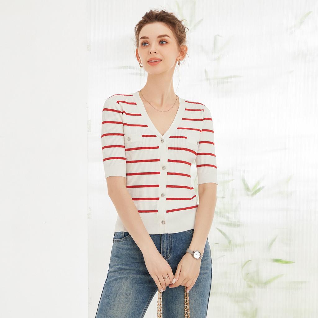 Fashionable Anti-aging Contrasting Striped V-neck Knitted Sweater for Women In Summer, Simple and Elegant Slim Fit Top
