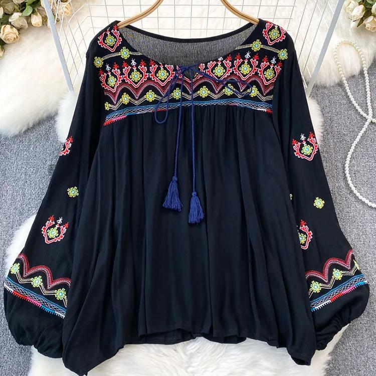 

Женская весенняя блузка с вышивкой, винтажный этнический фонарь с длинными рукавами и круглым вырезом, свободная хлопковая льняная рубашка, повседневный топ D5082 One Size чёрный