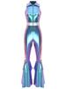 Women 70s Disco Costume Jumpsuit S-3XL - Shiny Metallic Lapel Collar Sleeveless High Waist Flared Disco Dance Singer Outfit