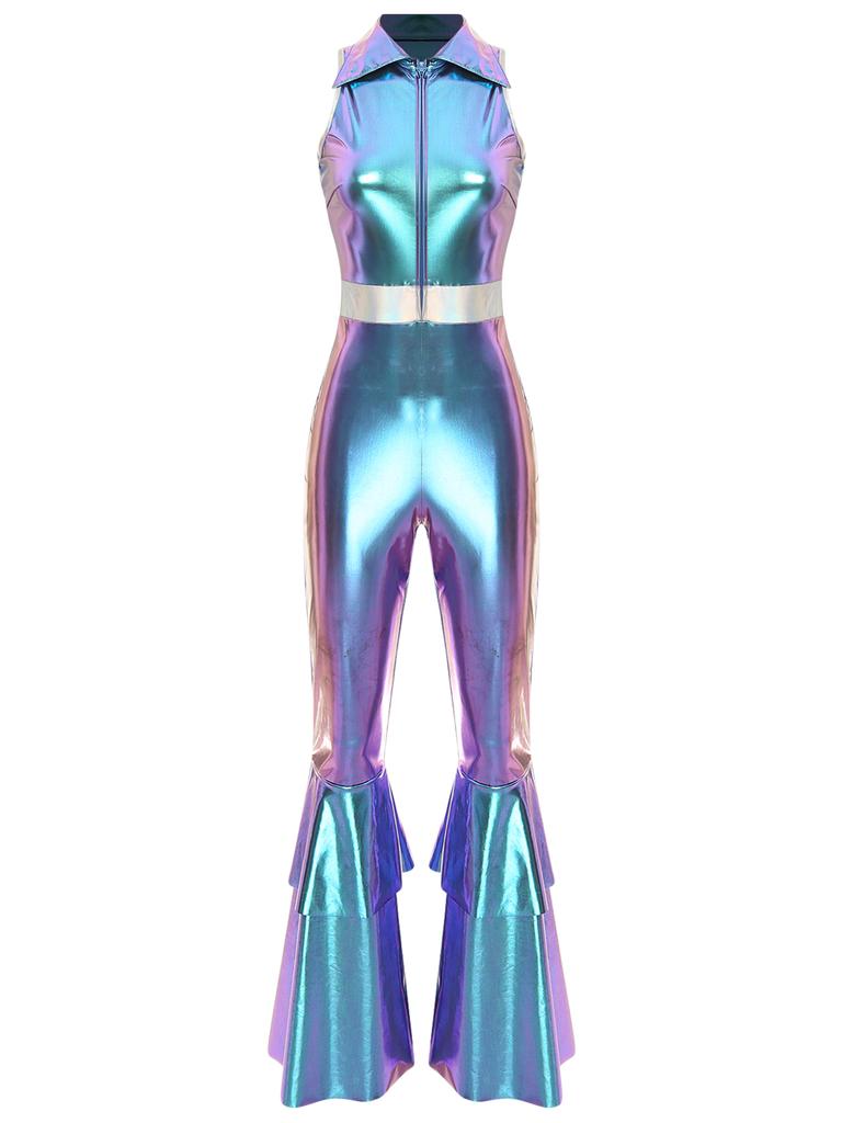 Women 70s Disco Costume Jumpsuit S-3XL - Shiny Metallic Lapel Collar Sleeveless High Waist Flared Disco Dance Singer Outfit