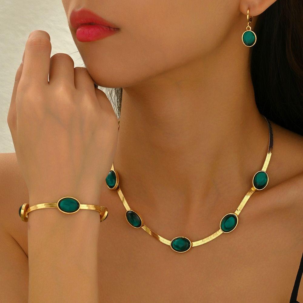 4Pcs Vintage Necklace Earrings Set Bracelet Crystal Jewelry Suit Green Rhinestone Jewelry Set  Party