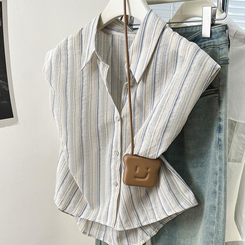 Women Beige Blue Striped Sleeveless Button Down Shirt With Pointed Collar Casual Summer Top S синий