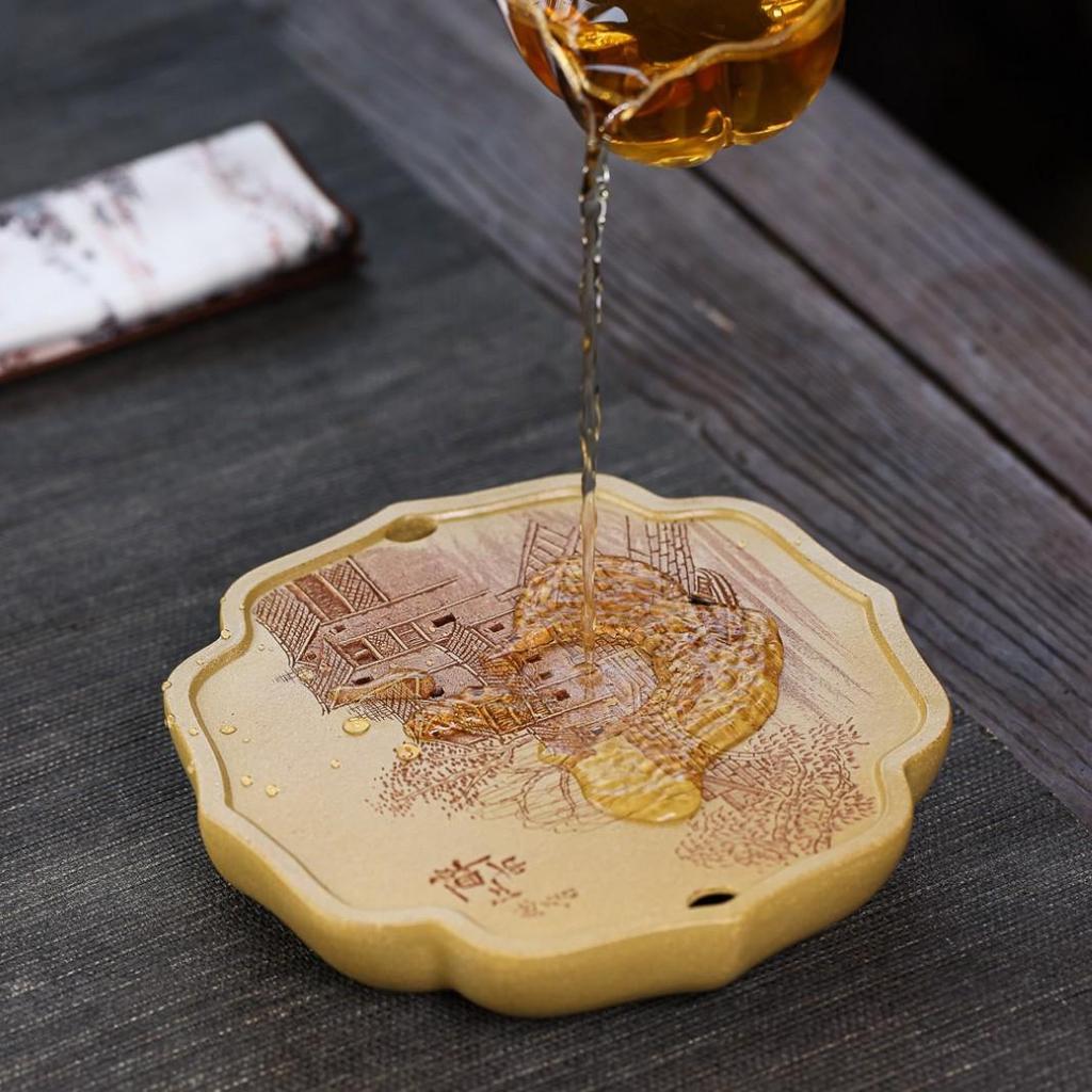 Yixing Zisha Original Ore Duan Ni Tea Tray with Exquisite Water Chestnut Flower Carvings.