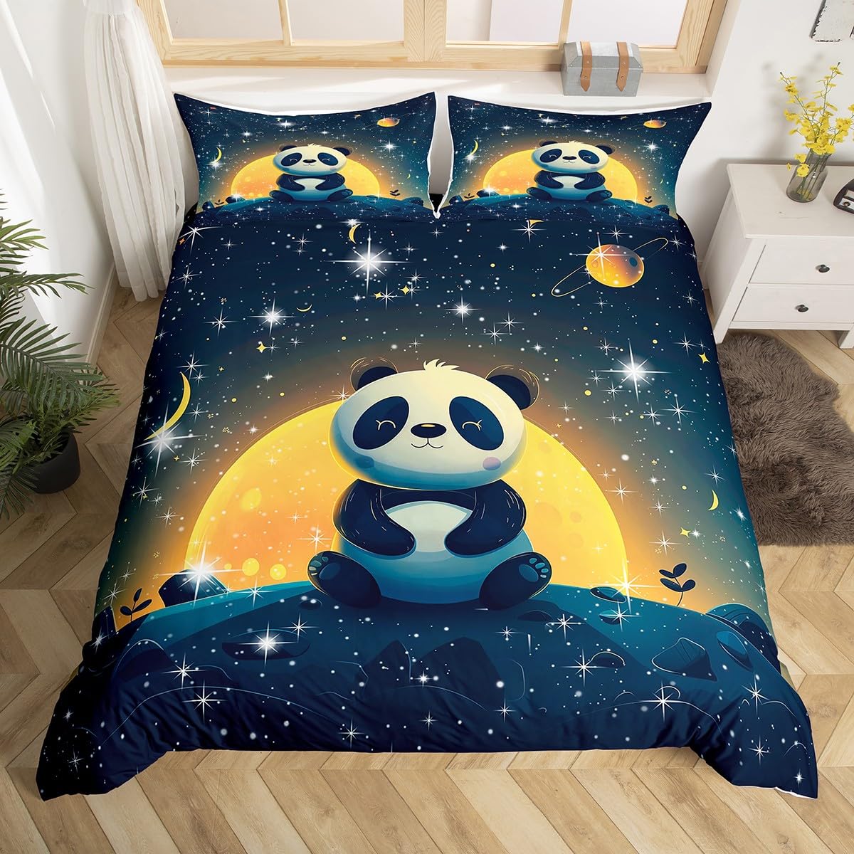 

Cute Panda Duvet Cover Set Twin Queen Cartoon Wild Animal Bedding Set Minimalism Hand Drawn Comforter Cover Kawaii Room Decor EU Single(135x200cm)