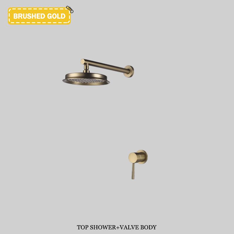 Luksusowy zestaw prysznicowy ścienny w kolorze szczotkowanego złota, ukryty system prysznicowy, mosiężna bateria mieszająca wodę ciepłą i zimną, deszczownica łazienkowa