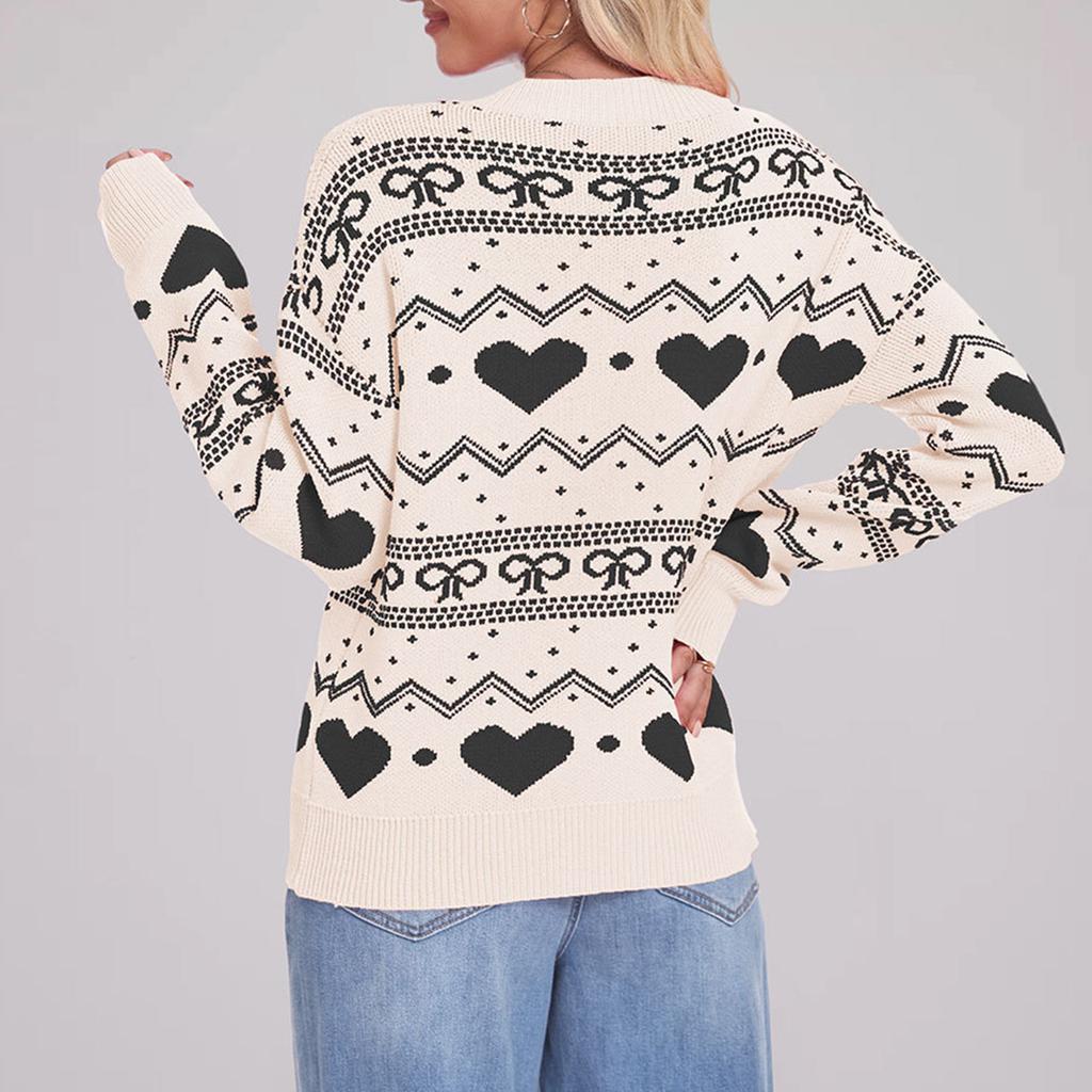 Women's Fashionable Round Neck Long Sleeved Heart-shaped Pullover, Contrasting Color Pullover, Sweater Top