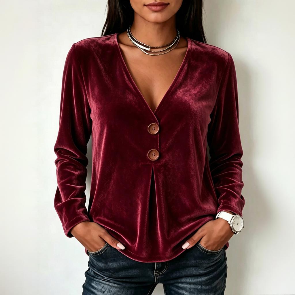 Women's Casual V-Neck Velvet Long Sleeve Top Color