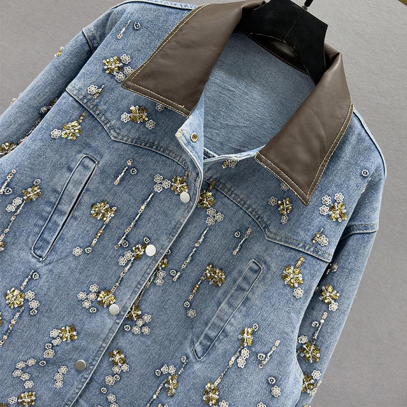 Heavy industry sequined denim jacket women's autumn new loose and thin ins European goods do old long-sleeved jacket trend