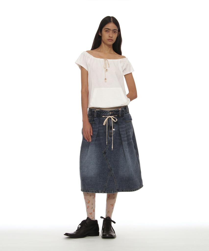 Partimento Woman Drawstring Denim Midi Skirt_Mid Blue