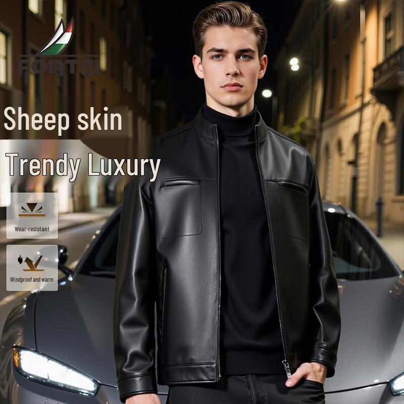 

Futing Men s Stand-Collar Lambskin Leather Motorcycle Jacket 2XL (180/100A)