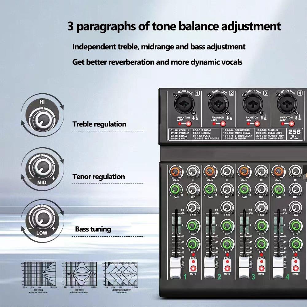 256DSP 4/6 Channel 16 Digital Reverberation Mixer Outdoor USB Sound Card Home KTV Bluetooth Audio System Professional Mixer