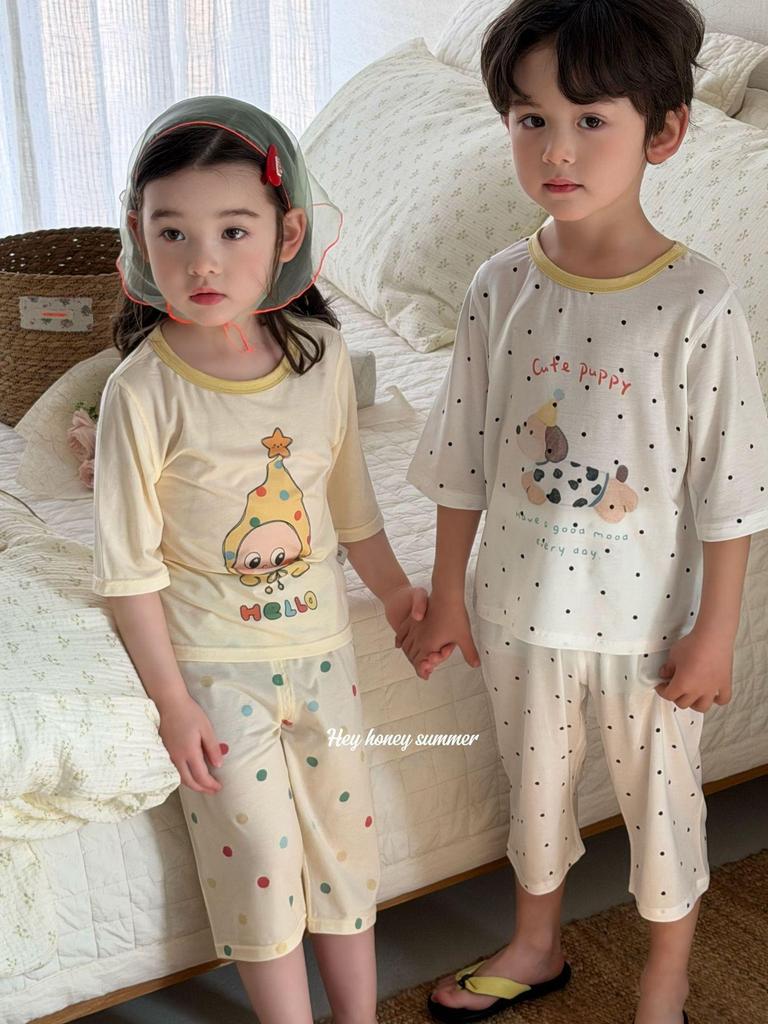 In Stock Hey Sweetheart Kids' Summer Tencel Pajama Set - Cool Short Sleeve Home Wear for Boys and Girls