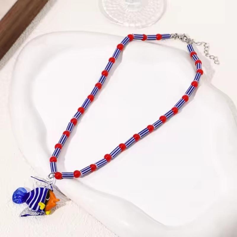 Ocean Beaded Necklace with Fish Pendant Adjustable Length Clavicle Chain for Women Fashionable Neckchain Accessory