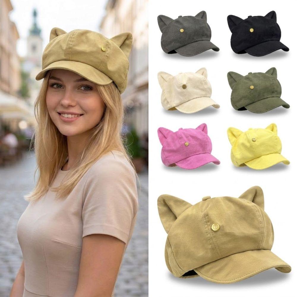 Cute Cat Ears Women's Beret Anime Japanese Style Newsboy Cap Cat Paw Pattern Sweet Baseball Cap Everyday Outfits