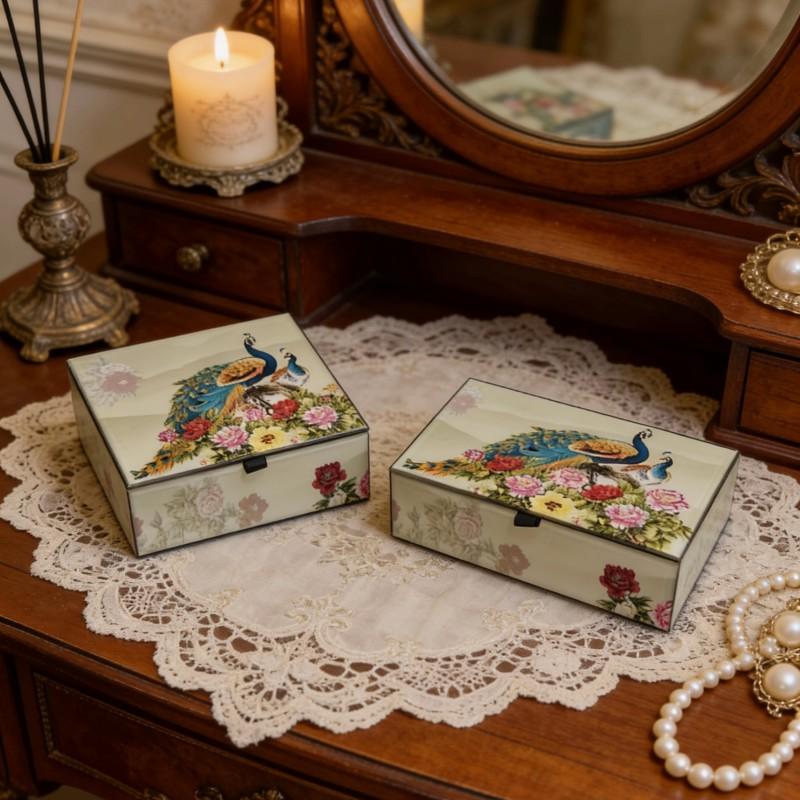 Floral Peacock Jewelry Box Glass Storage Organizer Vintage Style Desktop Decorative Accessory Women