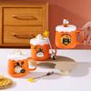 New 400ML Tea Mug Set with Lid Spoon for Water Juice Cute Cat Ghost Orange Halloween Ceramic Coffee Cup