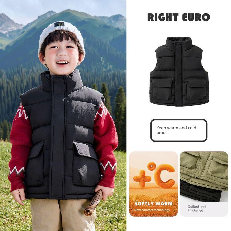 Right European Style Boys  Stand-Up Collar Cotton Vest Padded Vest Winter Clothing Autumn and Winter New Children s Clothing Baby Kids Trendy Black 120cm