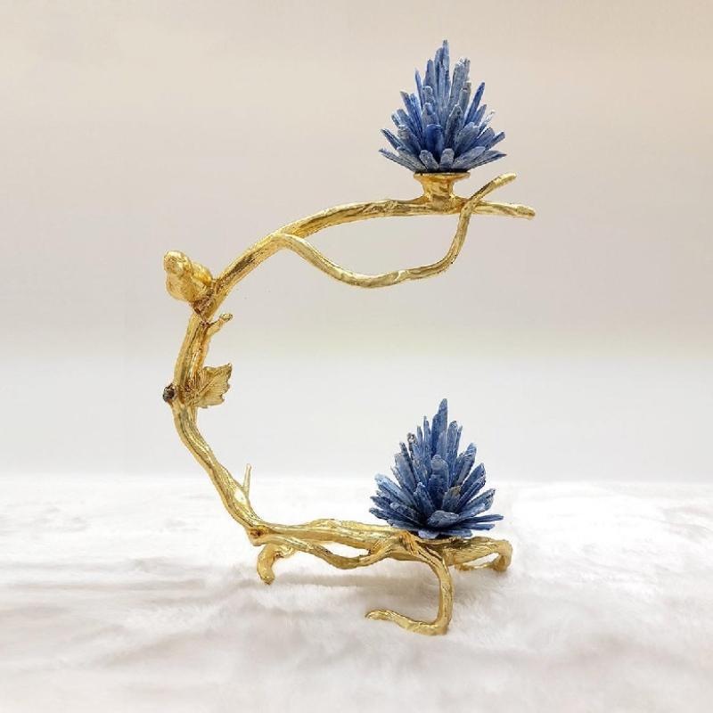 Natural Crystal Stone Branches Golden Bird Metal Branch Sculpture Golden Tree Metal Figurine Room Decoration Accessories