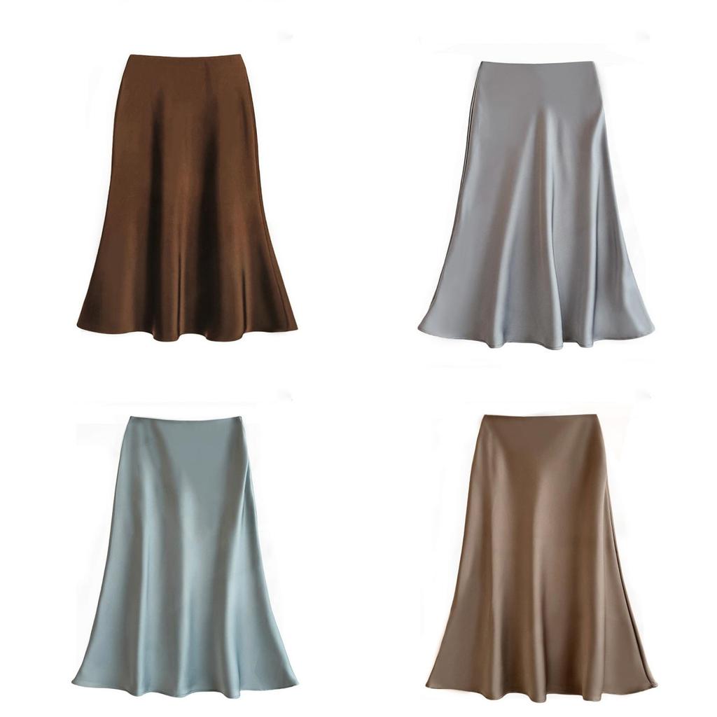 French Elegant Satin Wrap Skirt With Zipper For Womens Office And Formal Wear