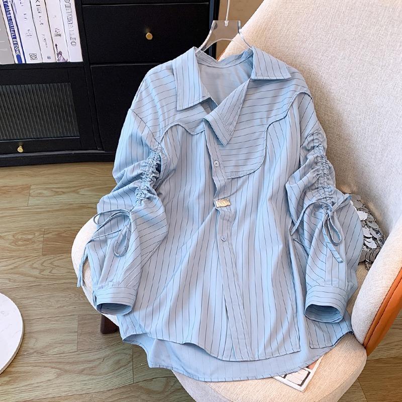 Blusa holgada informal de manga larga con cuello vuelto y rayas estilo coreano para primavera y verano para mujer