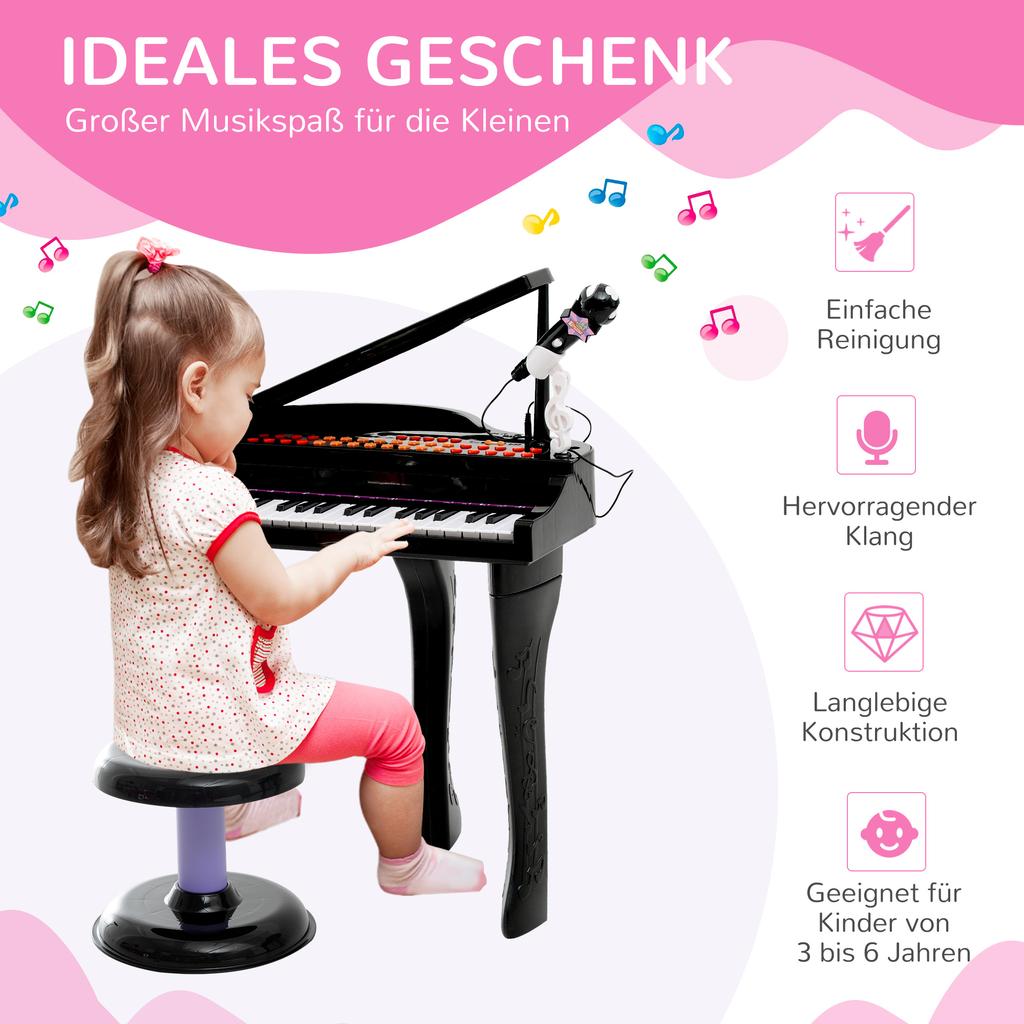 Keyboard for Kids with 37 Keys, Stool Piano with Microphone, LED Teaching Mode, Recording, Piano Musical Instrument for Children 3-6 Years Black