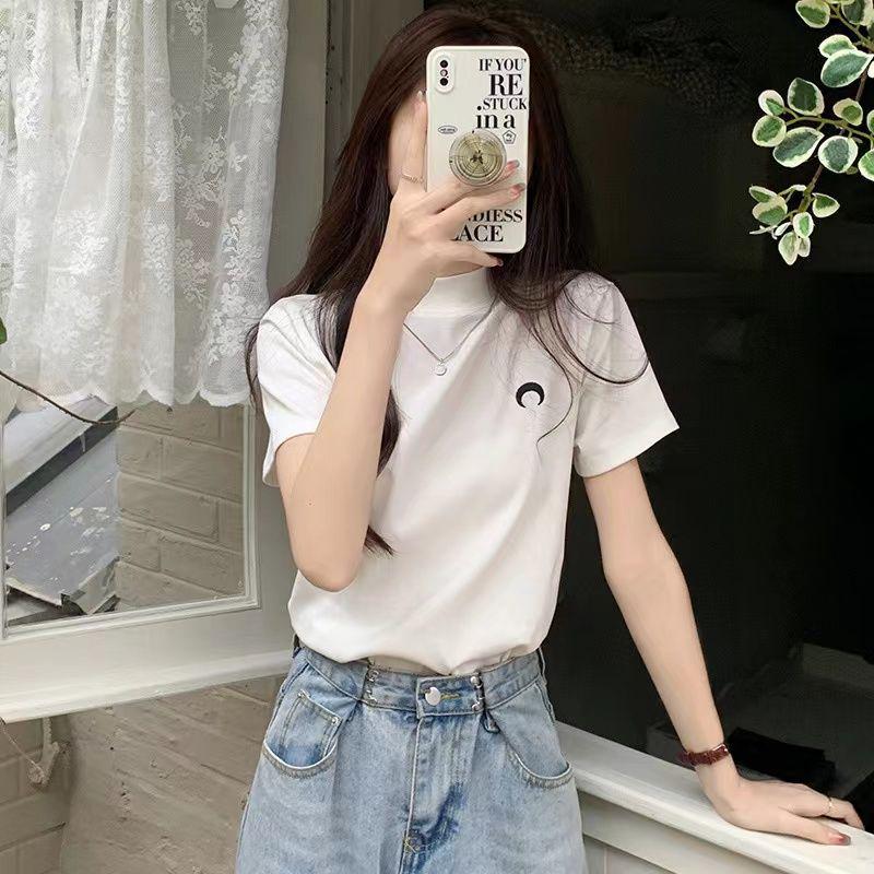 

Женская хлопковая футболка с вышивкой в корейском стиле, с коротким рукавом и воротником-стойкой S (60-80 jin) белый