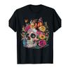 Europeiska storlekar Herrs Mexican Sugar Skull & Ringblomma Blommig T-shirt - Livligt Day of the Dead Calavera Tryck med Intrikat Skalle & Fjärilsdesign,