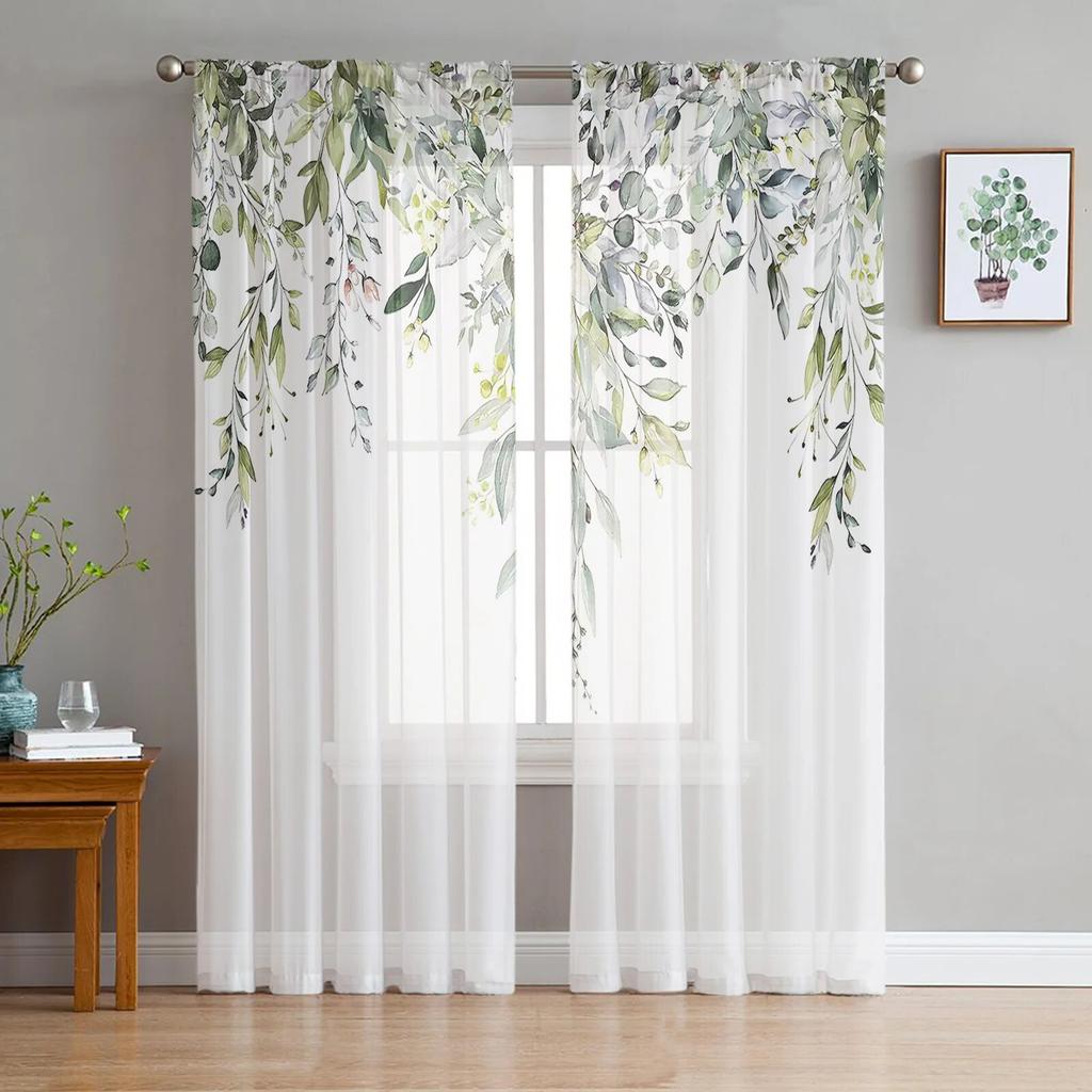 Flower Watercolor Leaf Bud Window Curtains For Living Room Bedroom Kitchen Chiffon Sheer Window Treatment
