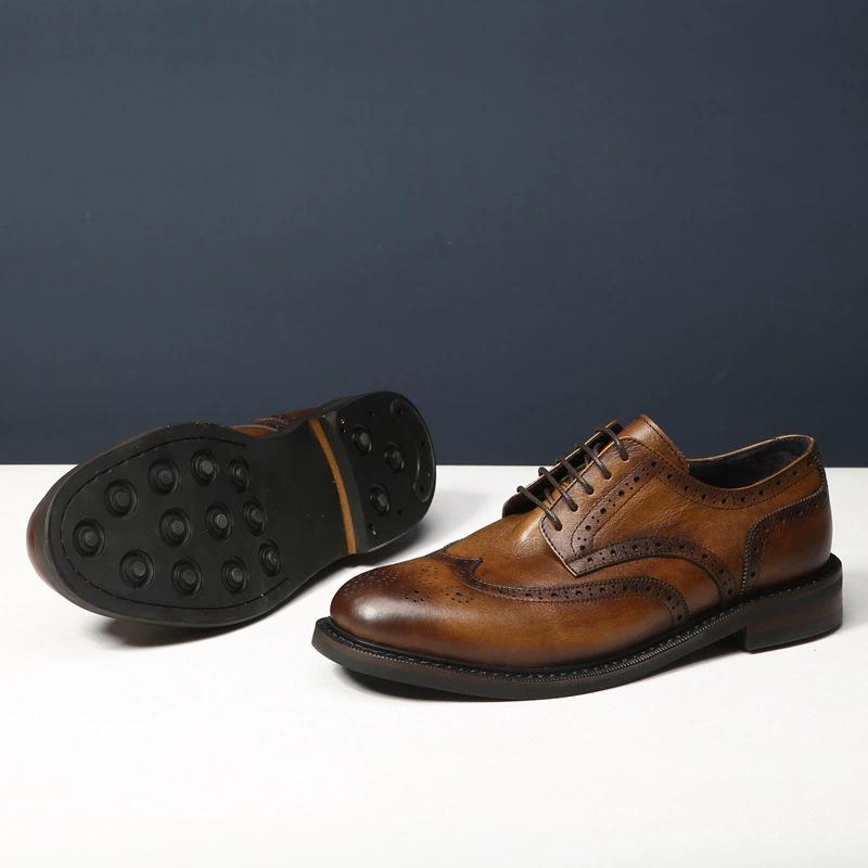 Handmade Carved Genuine Leather Brogue Shoes Men'S Oxfords Classic Round Head Block Heel Lace Up Business Formal Work Shoes Male