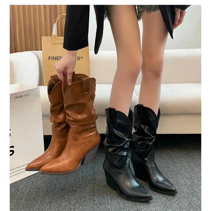 Modă Tocuri Înalte Până la Mijlocul Gambei Cizme Pliate pentru Femei Toamnă Iarnă Maro Piele PU Cizme Western Femeie cu Toc Gros Cowboy Botas Mujer