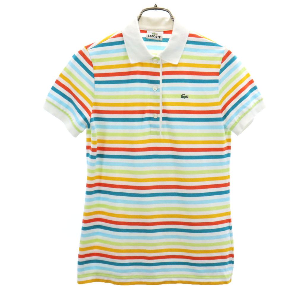 Lacoste Made In Japan Border Pattern Short Sleeve Polo Shirt 40 Fawn Women Used