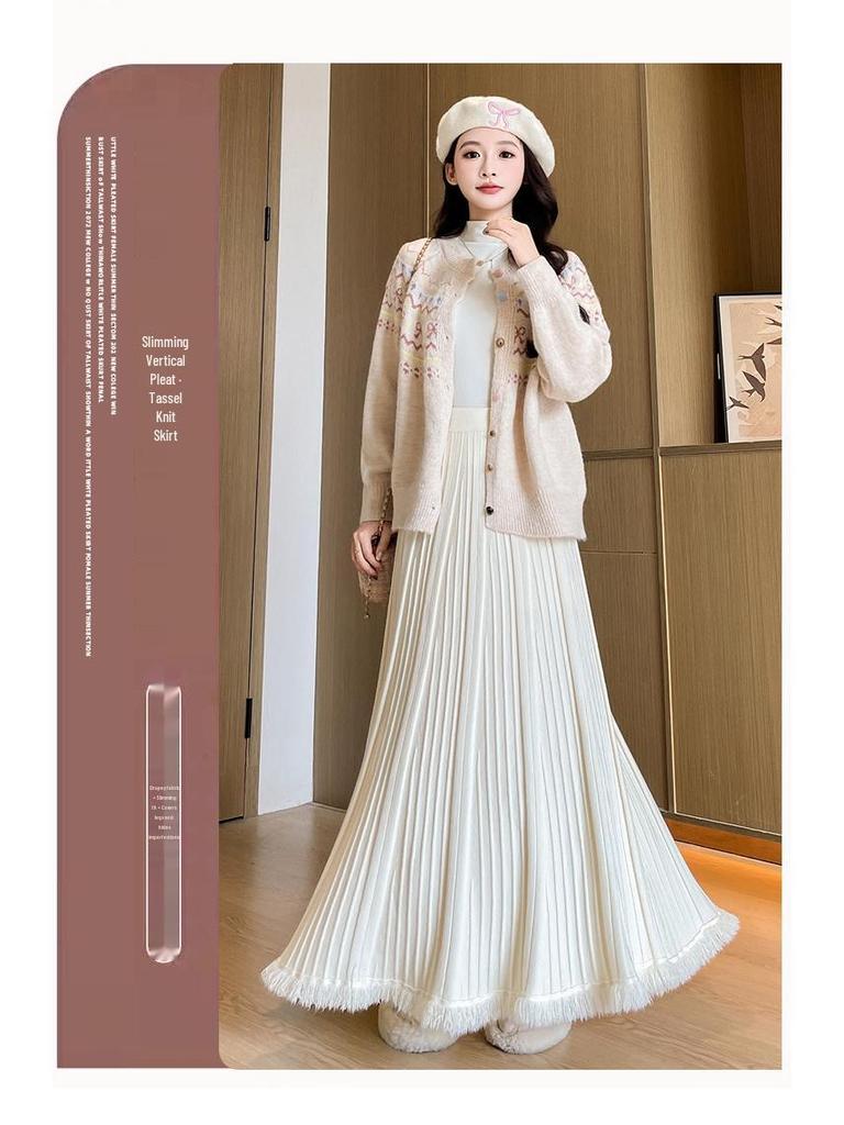 Autumn/Winter 2025 Women's High Waist Knit Pleated A-line Skirt with Tassels