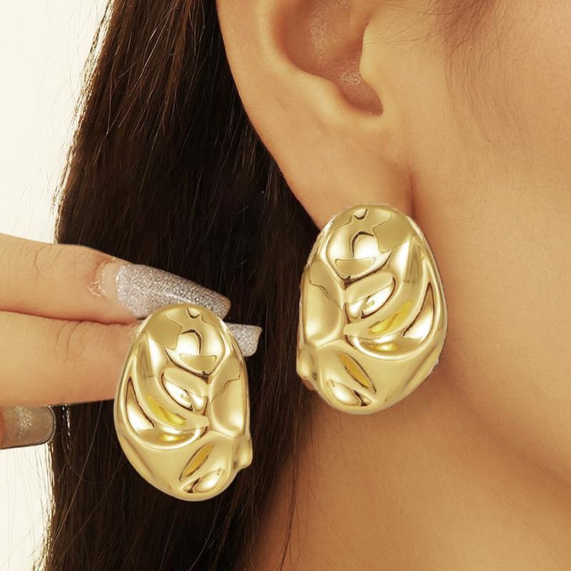 Irregular Elliptical Glossy Hammer Pattern Stud Earrings for Women Girl Korean Love Aesthetic Daily Life Minimalist Jewelry