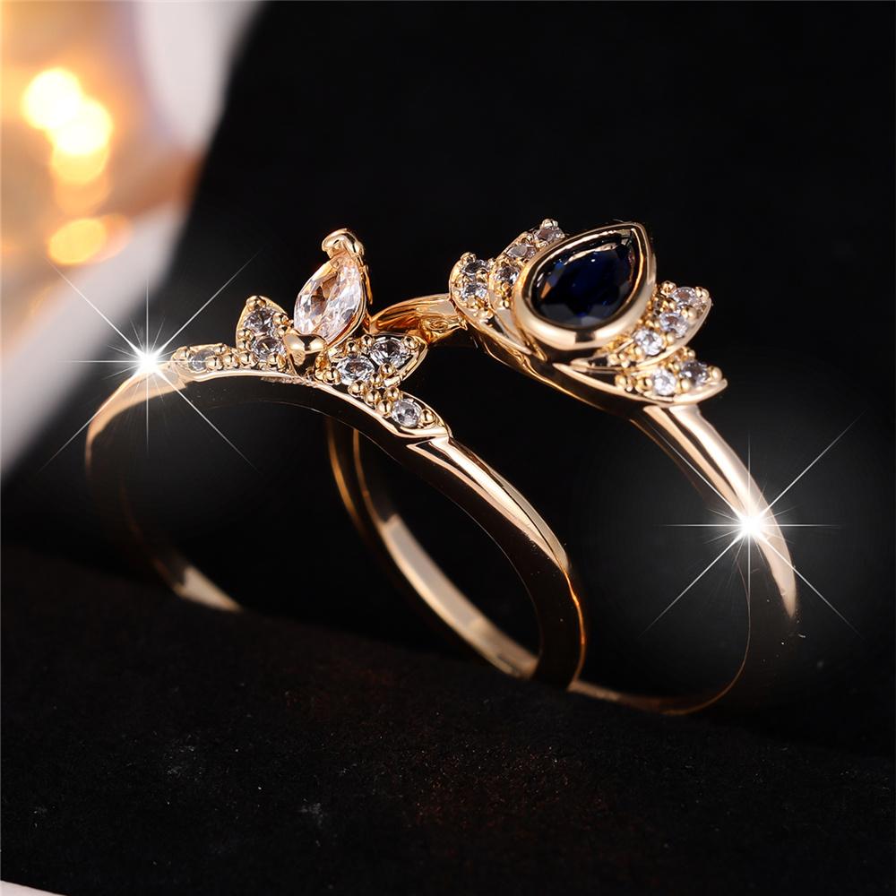 S Female CopperColor Blue Zircon Stone Water Drop Ring Set Vintage Gold Color Bridal Wedding Bands Party Jewelry For Women