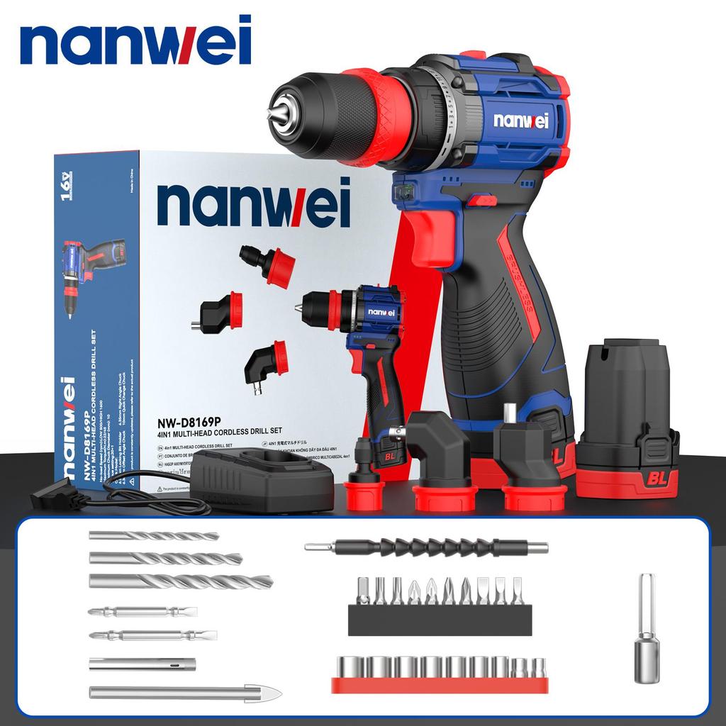 NANWEI 4-in-1 Electric Drill with Multiple Heads,brushless Motor 16 V, 45 Nm