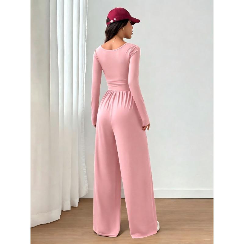 Women Fashion Casual Long Sleeve Square Neck Solid Wide Leg Jumpsuit