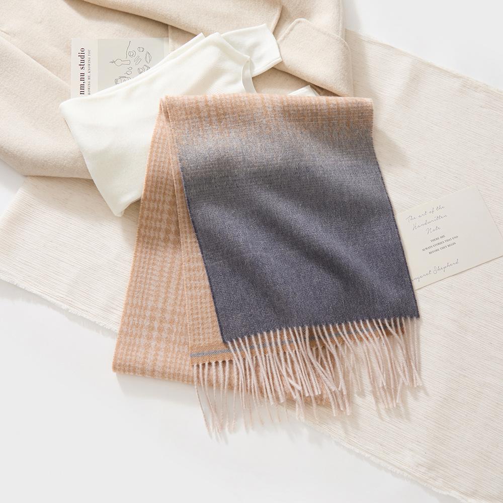 30*190CM Luxury Ombre Houndstooth Wool Scarf - 100% Pure Cashmere Feel Wrap, Women's Winter Plaid Neckwear, Multi-purpose Shoulder Shawl