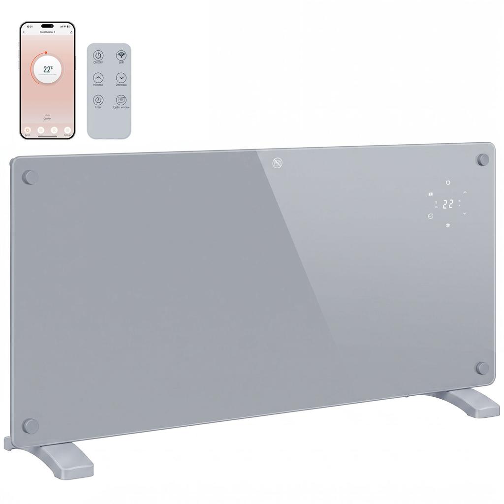 2000W Smart Panel Heater Wall Mounted & Freestanding, Electric Heater with Weekly Timer, Open Window & Anti-Frost, Grey