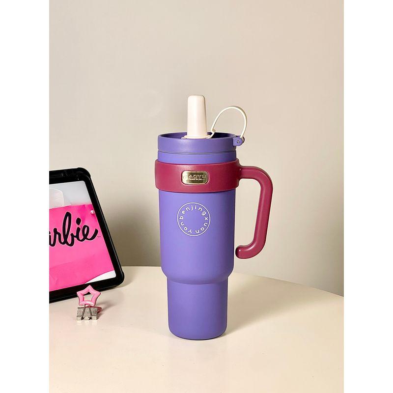 High-Looking Office Thermos Cup with Handle, Large Capacity, Ceramic Inner Liner, Straw, and Water Cup for Women Purple-1000Ml [Ceramic Coated Liner]