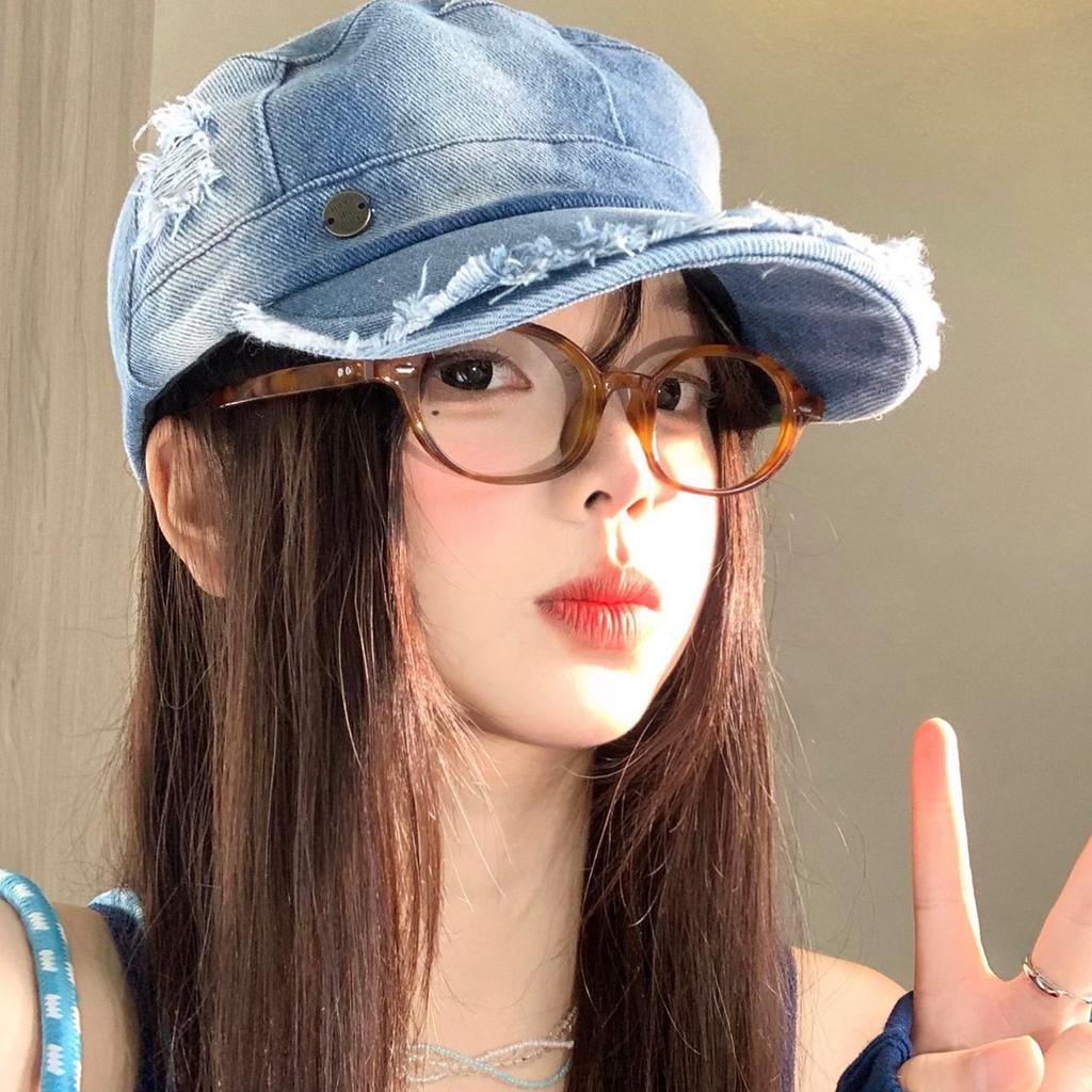 Hole Washed Denim Flat Top Hat Women'S Spring Summer Face Small Versatile Equestrian Hat Big Head Circumference Flat Top Cap