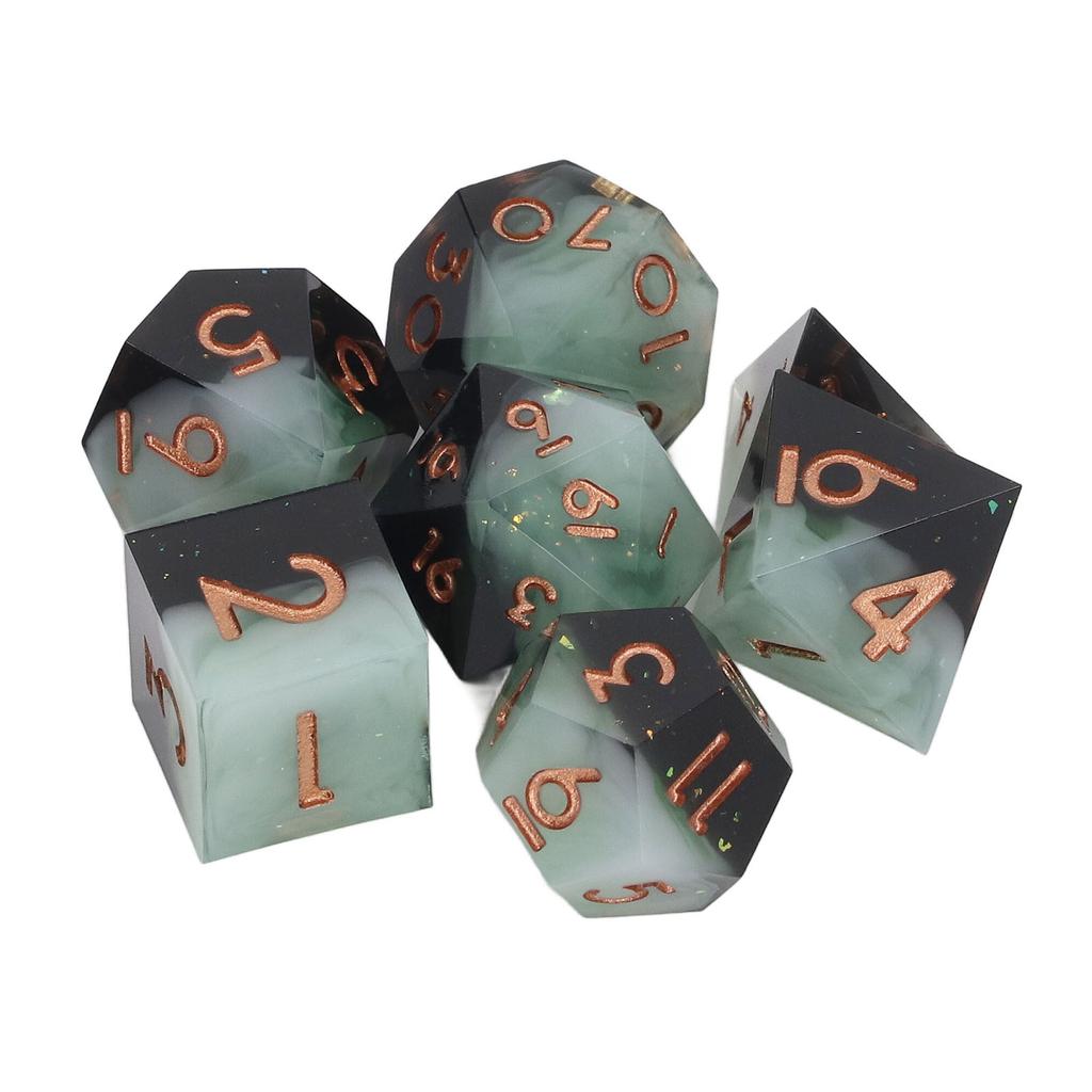 Set 7 zaruri cu fețe multiple cu numere, zaruri din rășină cu muchii ascuțite pentru jocuri de masă pentru copii