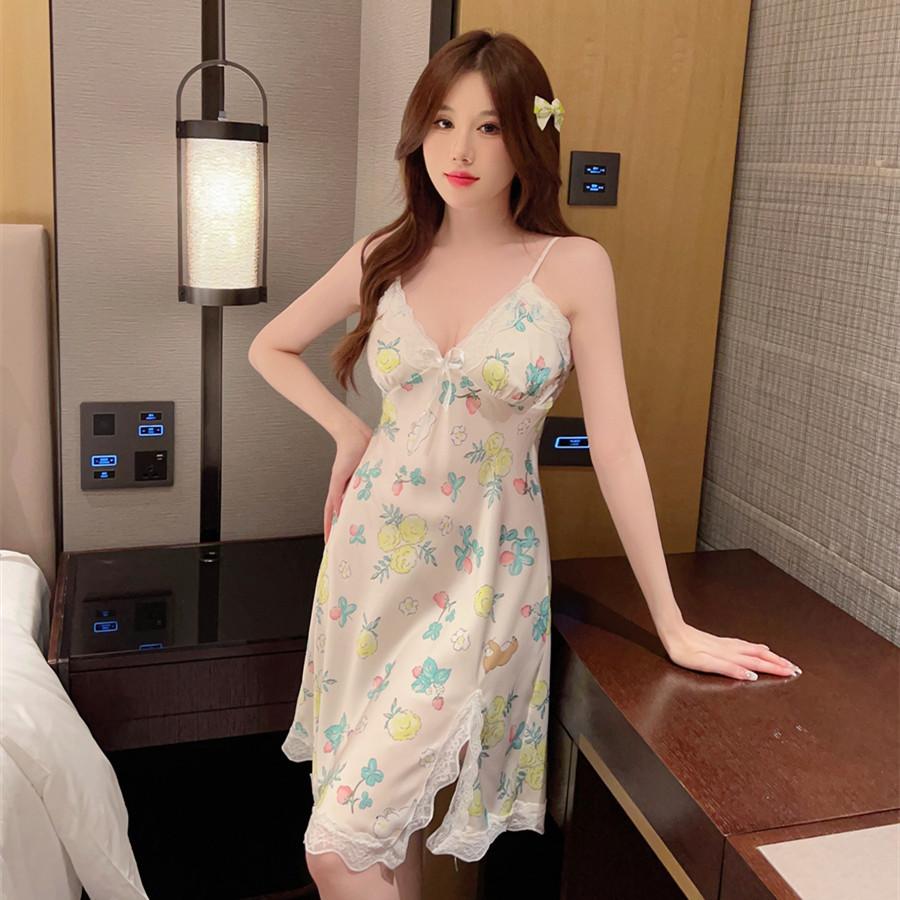 Women's summer print new sexy ice silk nightdress suspender skirt split fork pure desire pajamas with chest pads loungewear