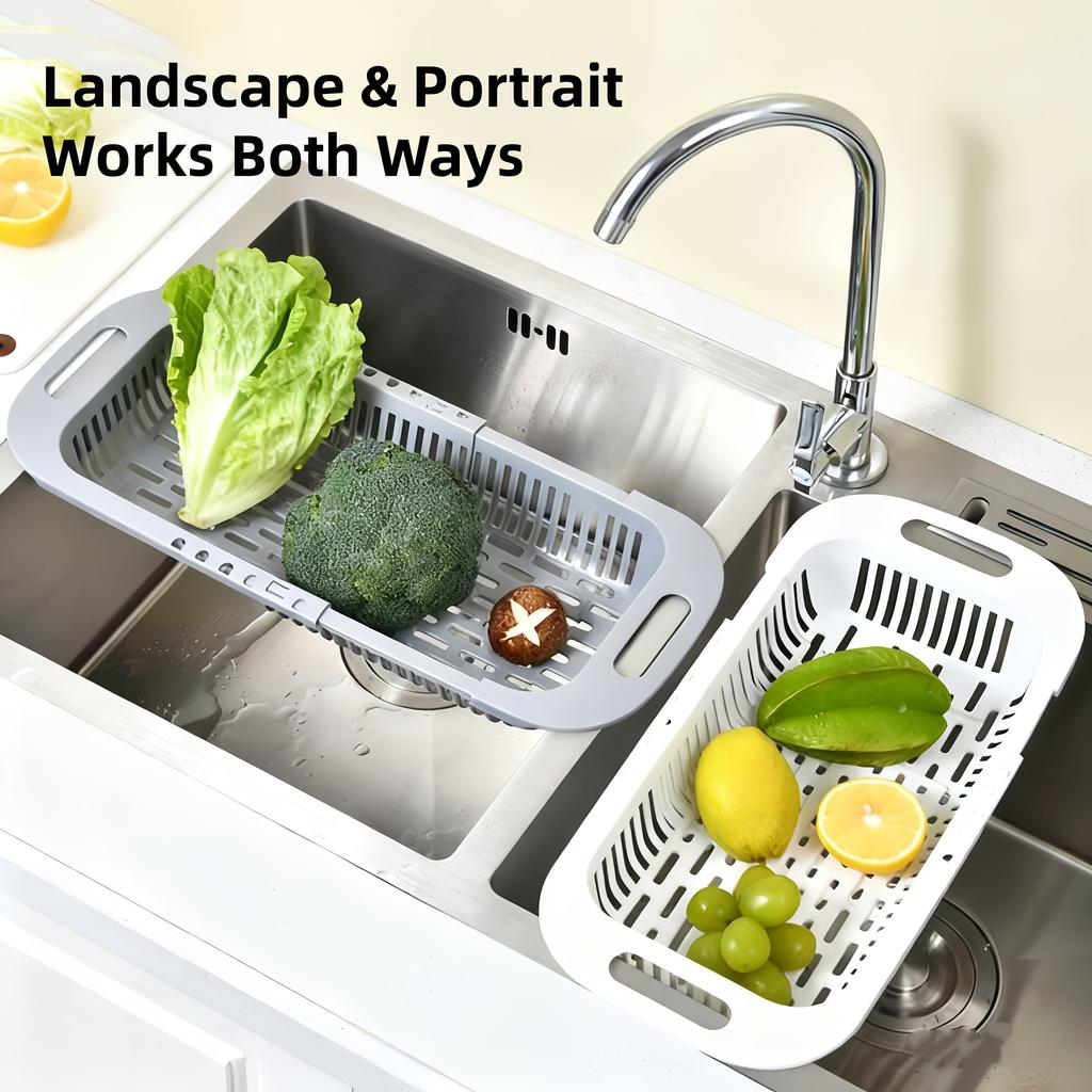 Rozkládací dřezový cedník - Nastavitelná výška, nerezavějící a prostorově úsporný pro snadné odvodnění a mytí.